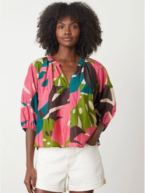 Velvet Tops - Velvet Colorblock Leaf Print Peasant Blouse in Pink, Green & Teal